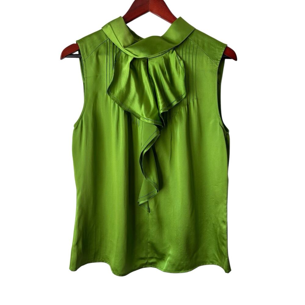 Magaschoni Collection Womens Silk Pleated Sleeveless Ruffle Blouse Green Size 12